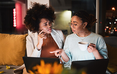 Buy stock photo Women, laptop and talking at night for teamwork, collaboration and working late in office. Communication, deadline and entrepreneur people or friends with tech and coffee for problem solving or ideas