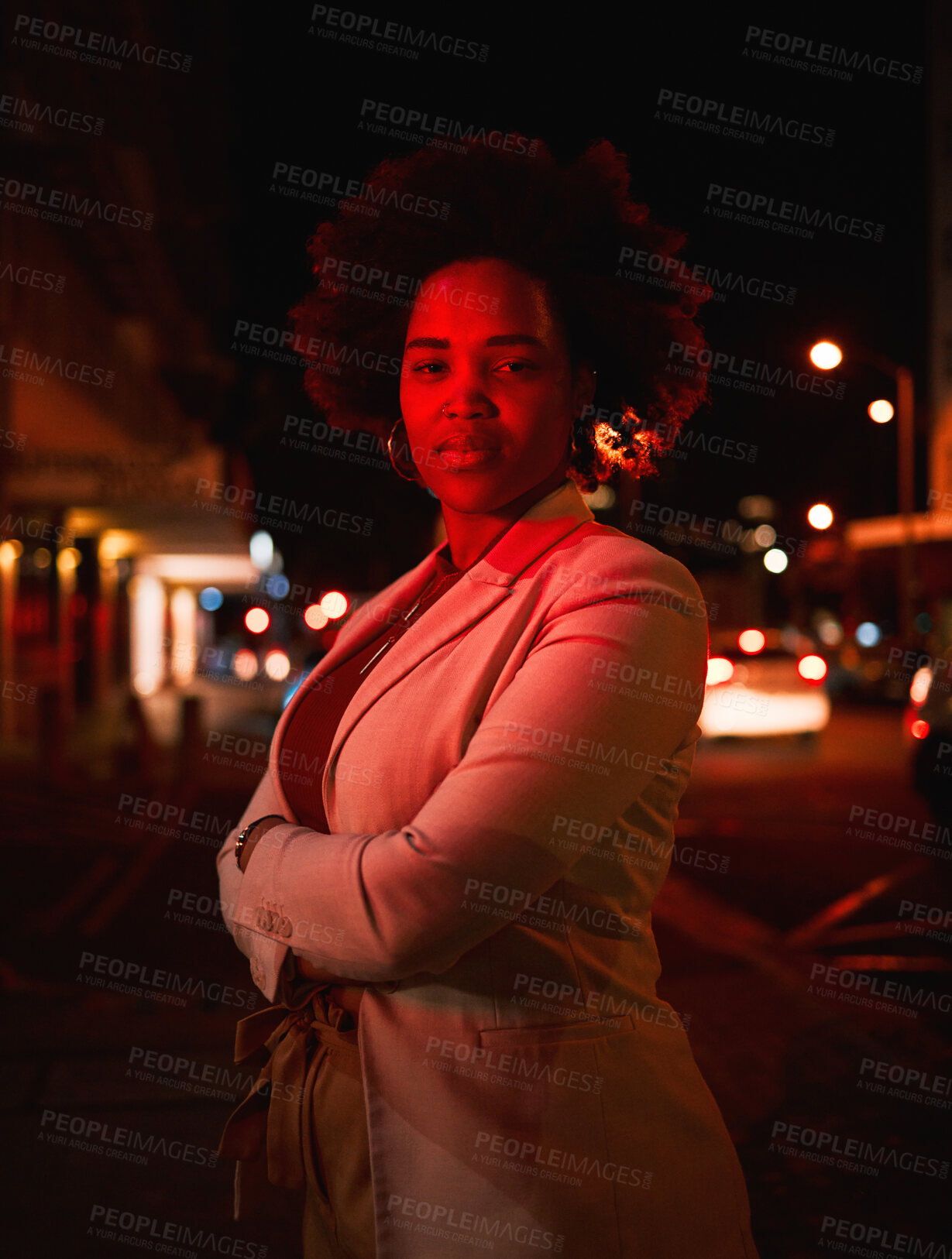Buy stock photo Portrait of black woman, city and night lights, standing in dark street and waiting for taxi with bokeh. Urban business fashion, late travel in Africa and serious girl in road with neon red lighting.