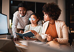 Notebook, discussion and business people in office at night for teamwork creative project. Reading, conversation and professional designers working overtime in collaboration for research in workplace