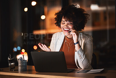 Buy stock photo Business woman, call center and laptop for night communication, e commerce sales and telemarketing. Professional agent, consultant or african person on computer online meeting, virtual chat and bokeh