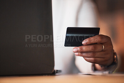 Buy stock photo Hand, credit card and laptop, person and e commerce with payment, fintech and account, internet and banking. Closeup, online shopping and finance, budget and customer with subscription and commercial