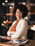 Night, portrait and a black woman with arms crossed at work for business pride or a deadline. Desk, happy and an African employee with confidence during overtime and late shift in the office