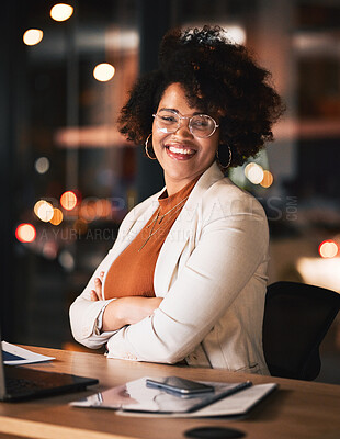 Buy stock photo Night, portrait and a black woman with arms crossed at work for business pride or a deadline. Desk, happy and an African employee with confidence during overtime and late shift in the office