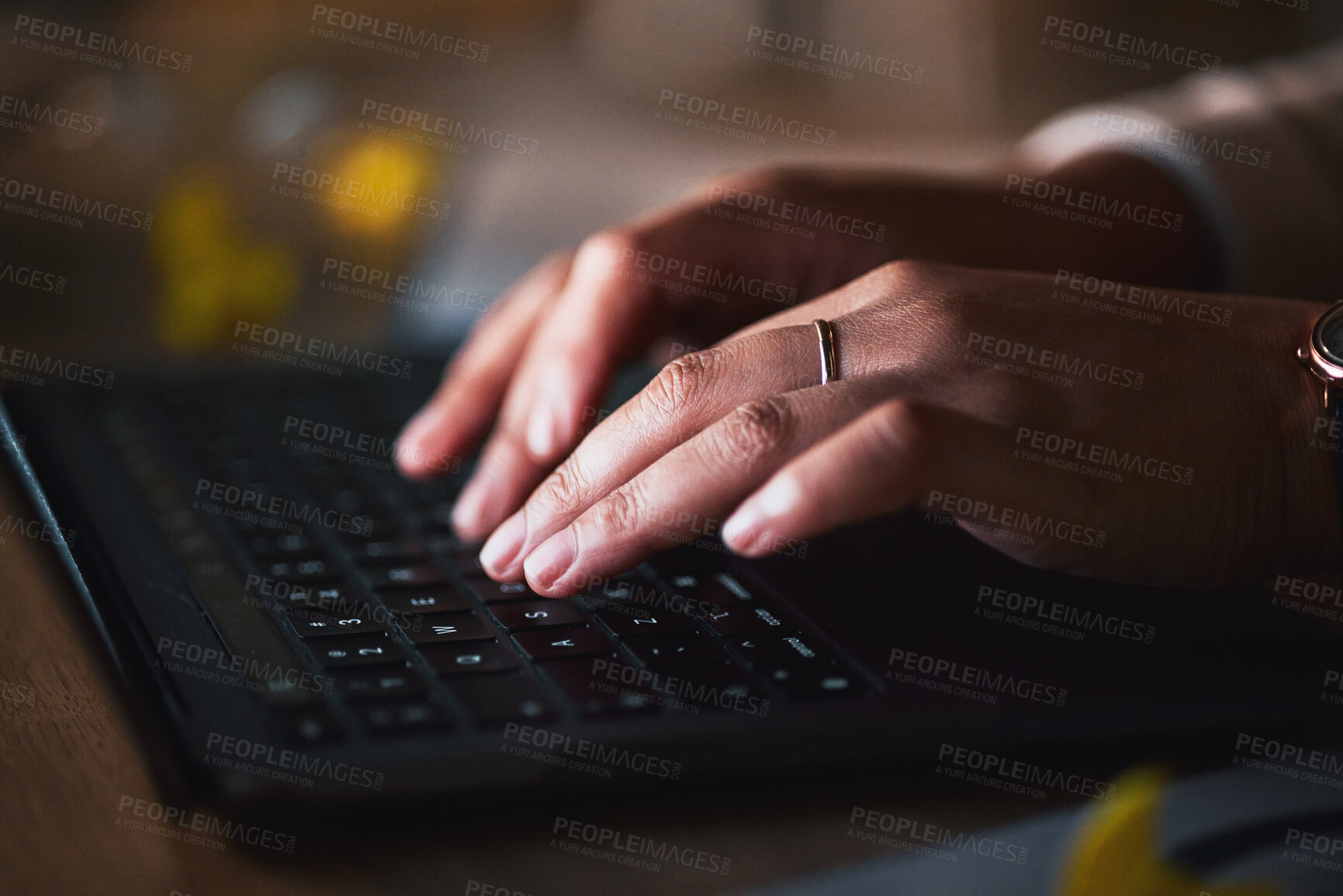 Buy stock photo Laptop, hands typing and closeup of keyboard at table, research and working late on deadline at night. Computer, internet and professional at desk, networking consultant and writing business email