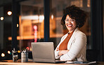 Business woman, face and arms crossed on laptop for night planning, marketing research and online management. Professional african person or editor portrait on computer with career mindset and bokeh