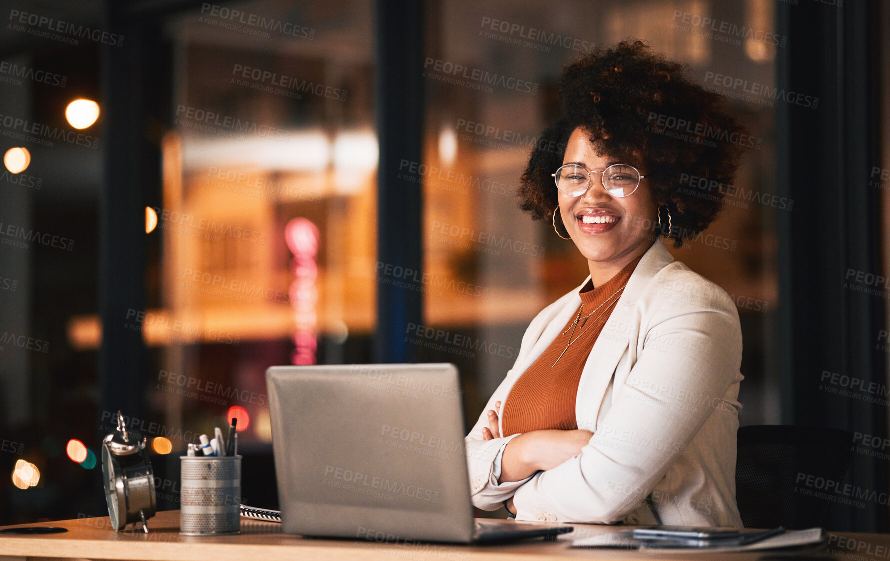 Buy stock photo Business woman, face and arms crossed on laptop for night planning, marketing research and online management. Professional african person or editor portrait on computer with career mindset and bokeh
