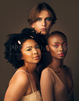 Buy stock photo Portrait, skincare or makeup with a man and women in studio on a dark background for beauty or diversity. Face, friends and cosmetics with young people posing for inclusion or artistic freedom