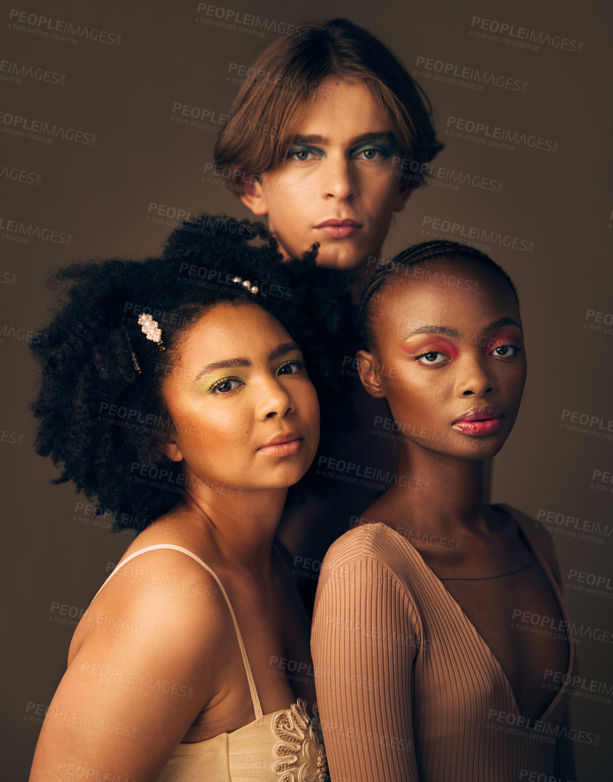 Buy stock photo Portrait, skincare or makeup with a man and women in studio on a dark background for beauty or diversity. Face, friends and cosmetics with young people posing for inclusion or artistic freedom