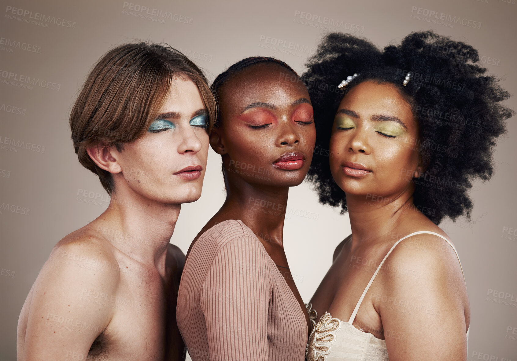 Buy stock photo Diversity, beauty and skincare, makeup and people, dermatology and inclusion isolated on studio background. Gen z, young women and man with face, equality and cosmetics with skin and wellness