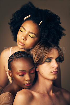 Buy stock photo Diversity, beauty and skin, makeup and people, dermatology and inclusion isolated on studio background. Gen z, young women and man with face, equality and cosmetics with skincare and wellness