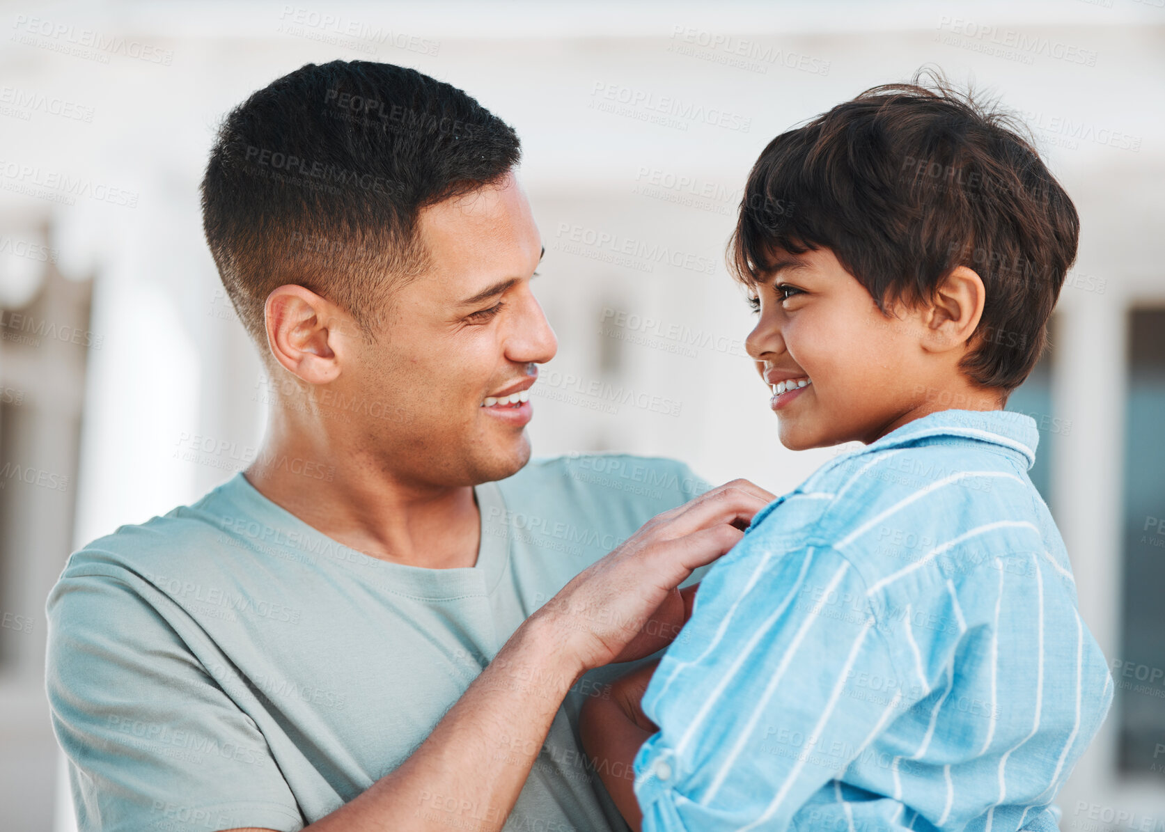 Buy stock photo Family, love and a father with his son in their home closeup together for trust, care or bonding. Children, smile or happy relationship with a child and single dad in the living room of an apartment