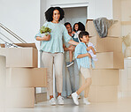 Kids, new home or parents moving boxes in real estate property investment or rental apartment. Mother helping, proud father or excited children carrying or walking by a box in family house together 