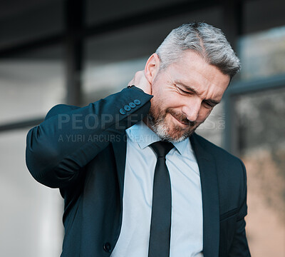 Buy stock photo Injury, mature and a businessman with neck pain in the city from work stress, problem or accident. Sad, medical emergency and a ceo or manager with a muscle fail, frustrated or professional fatigue