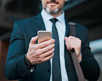City, corporate or hands of man typing with phone for social network, check notification or app. Closeup, business entrepreneur or scroll on mobile outdoor for digital update, search location or chat