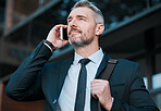 Business man, phone call and thinking in city for communication, conversation and networking. Corporate executive, mature entrepreneur and talking on mobile, smartphone and chat to contact outdoor 