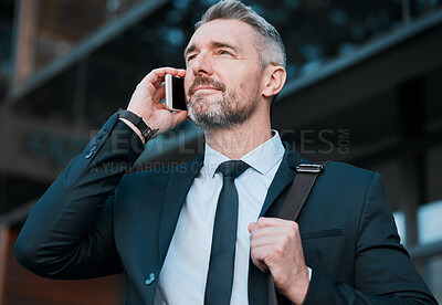 Buy stock photo Business man, phone call and thinking in city for communication, conversation and networking. Corporate executive, mature entrepreneur and talking on mobile, smartphone and chat to contact outdoor 