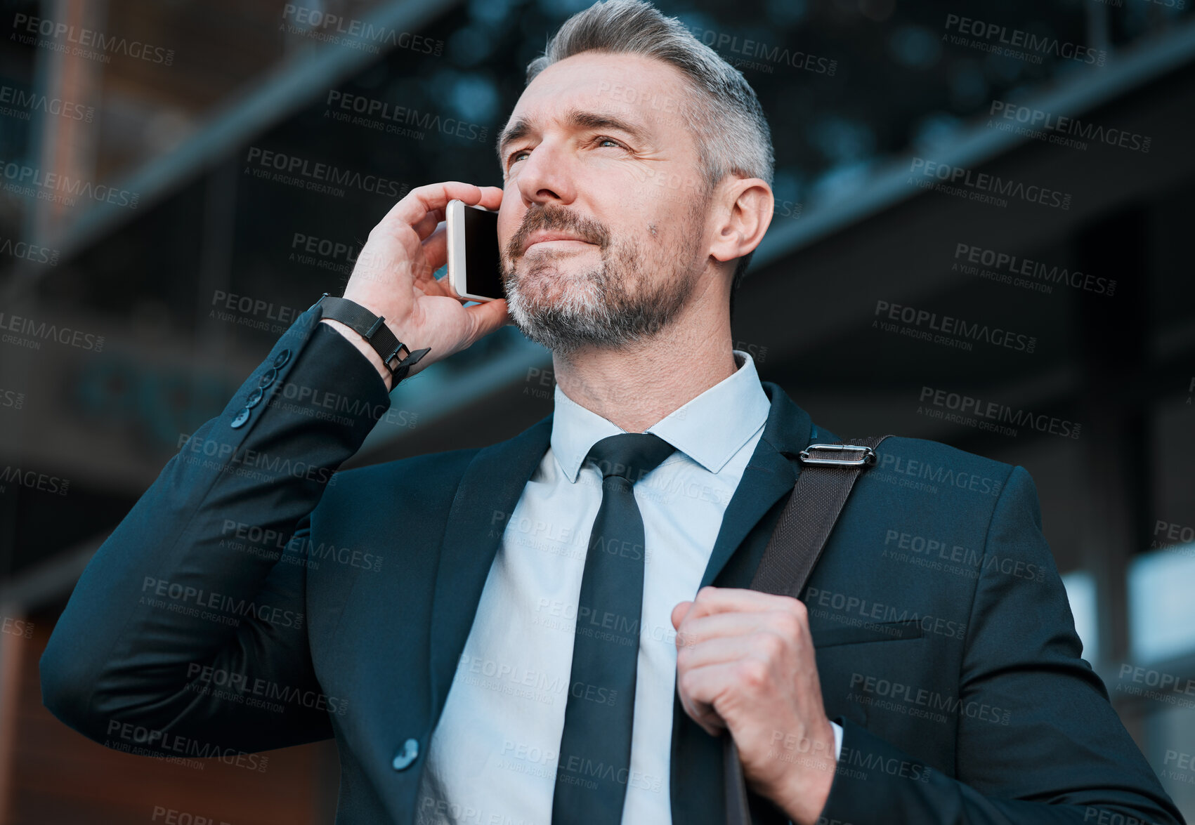 Buy stock photo Business man, phone call and thinking in city for communication, conversation and networking. Corporate executive, mature entrepreneur and talking on mobile, smartphone and chat to contact outdoor 