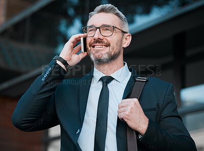 Buy stock photo City, phone and mature businessman in conversation, travel and confidence in business networking. Ceo, manager or happy man standing on sidewalk with smartphone waiting for taxi at work with smile.