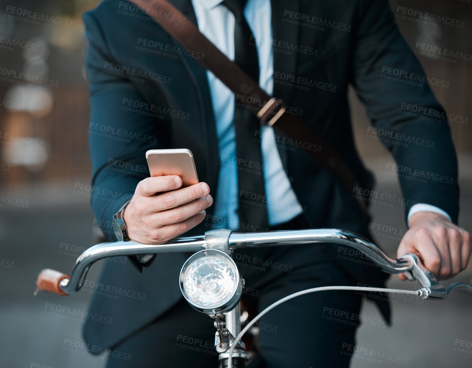 Buy stock photo Business, phone in hands and bicycle outdoor for professional career, travel and transportation. Entrepreneur man with a bike and smartphone for internet communication, carbon footprint and journey