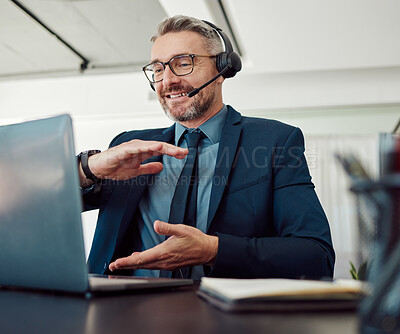 Buy stock photo Senior, happy man and call center with headphones consulting in customer service or telemarketing at office. Mature businessman, consultant or agent smile in online advice, help or contact us at desk