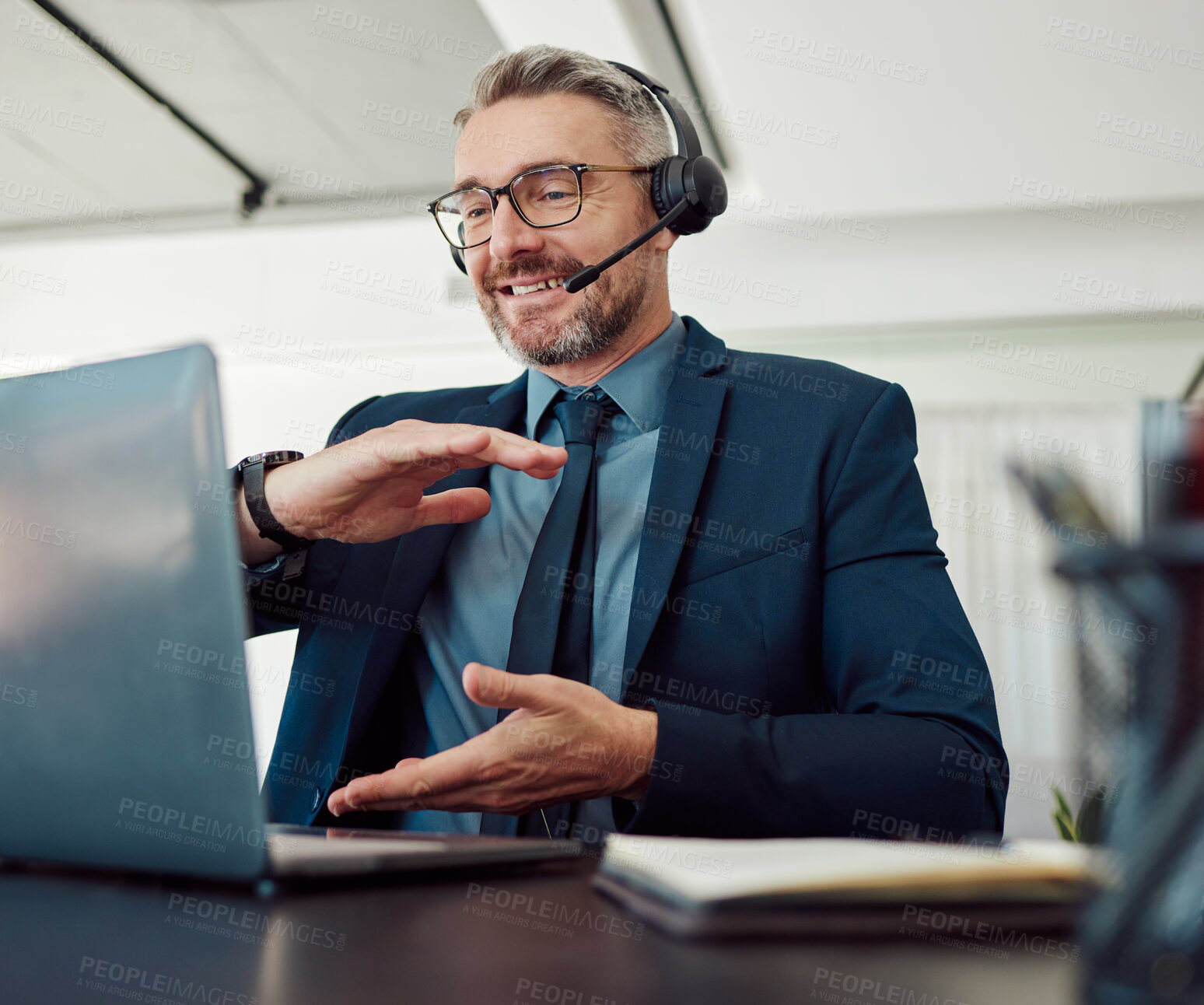 Buy stock photo Senior, happy man and call center with headphones consulting in customer service or telemarketing at office. Mature businessman, consultant or agent smile in online advice, help or contact us at desk