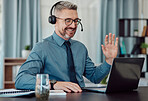 Senior, happy man and call center in virtual meeting, customer service or telemarketing at the office. Mature businessman, consultant or agent smile in online advice, help or contact us at workplace