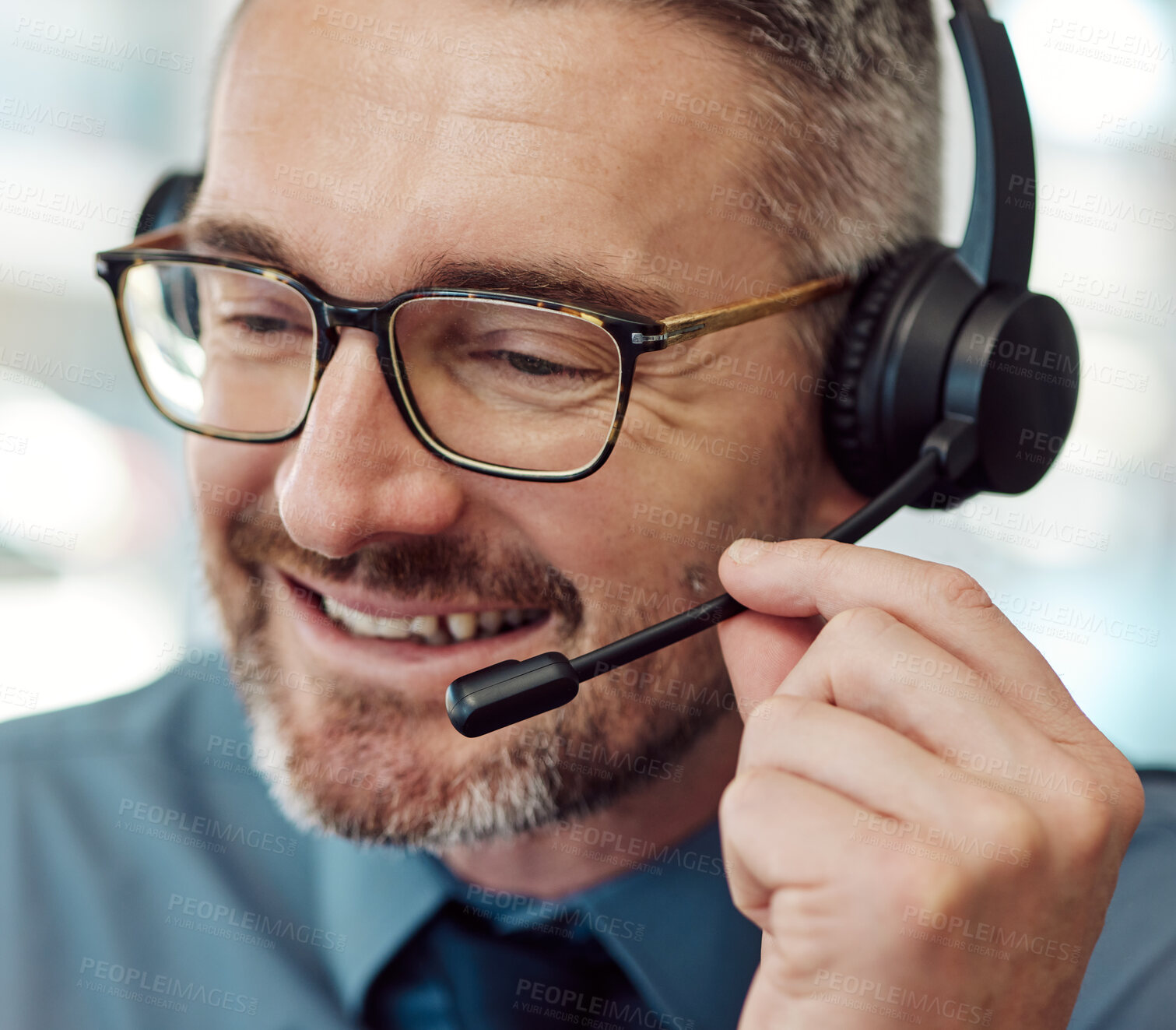 Buy stock photo Happy man, face and call center with headphones in customer service, support or telemarketing at office. Closeup of mature businessman or consultant agent smile in online advice, help or contact us