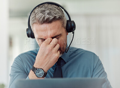 Buy stock photo Senior businessman, call center and headache in stress, burnout or mistake in customer service at office. Frustrated mature man, consultant or agent in depression, overworked or migraine at workplace