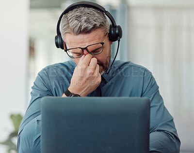 Buy stock photo Senior businessman, call center and headache in mistake, stress or burnout in customer service at office. Frustrated mature man, consultant or agent in depression, overworked or migraine at workplace