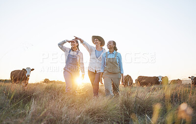 Buy stock photo Farm, agriculture and women with cow pointing for inspection, livestock and animal health. Agro business, countryside and people planning with cattle for dairy, beef production or sustainable farming
