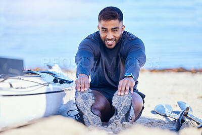 Buy stock photo Portrait, beach and man stretching legs to start workout, training and kayak exercise for sports. Happy, athlete and person warm up at ocean to prepare for fitness, healthy body and flexible outdoor