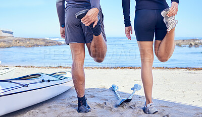 Buy stock photo Beach legs, rowing and stretching people, partner or couple of friends for fitness, teamwork and start workout routine. Nature, sports challenge or back of kayaking team training, exercise or warm up