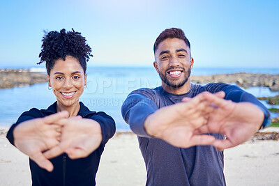 Buy stock photo Portrait, beach and couple stretching, fitness and exercise with training, warm up and runner with wellness. Healthy people, man and woman stretch, seaside and workout with sports, ocean and energy