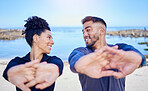 Beach workout, stretching hands and happy people, couple of friends and smile for exercise, sports or athlete fitness. Summer wellness, eye contact and nature team training, active and start warm up