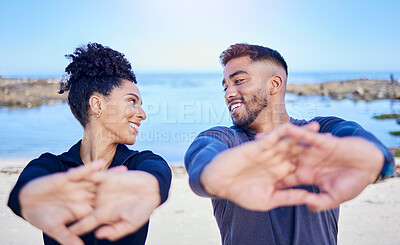 Buy stock photo Beach workout, stretching hands and happy couple of friends smile for team exercise, sports or athlete fitness. Summer wellness, eye contact and nature people training, active and start warm up