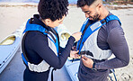 Life jackets, safety and couple prepare for water, boat and journey on river with protection or people on lake adventure together. Lifejacket, man and woman or instructor helping with sport vest