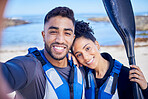 Selfie, kayak and couple with a love, beach and summer vacation with memory, paddle and picture. Portrait, people and man with woman, water sports and social media with ocean, honeymoon and holiday