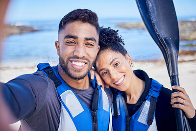 Buy stock photo Selfie, kayak and couple with a love, beach and summer vacation with memory, paddle and picture. Portrait, people and man with woman, water sports and social media with ocean, honeymoon and holiday