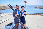 Couple, selfie and outdoor for kayak or travel at a beach with stick for vacation memory. A man and woman with a profile picture for social media, influencer post and canoe or water sports in nature