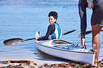 Water, portrait of woman in kayak and getting ready at lake, beach or river for exercise with smile. Ocean holiday, adventure and fitness, happy couple in canoe for training workout for sports at sea