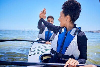 Buy stock photo Water, high five with man and woman in kayak winning at lake, beach or river race for exercise challenge. Ocean holiday, adventure and fitness, happy couple celebrate in canoe for achievement at sea.