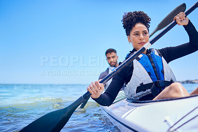 Buy stock photo Water, man and woman in kayak at ocean for race at lake, beach or river, exercise in sport. Holiday, adventure and fitness, couple rowing in canoe for training or challenge, mockup on blue sky at sea