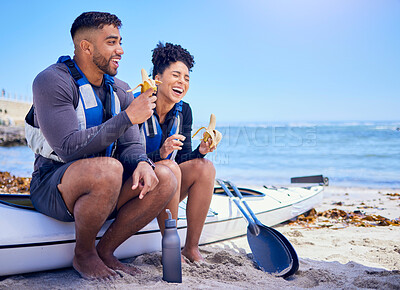 Buy stock photo Kayak, couple and eating banana at beach, funny and bonding together on mockup space. Fruit, laugh and man and woman on boat at ocean, canoeing sport and happy with nutrition, fitness or healthy body