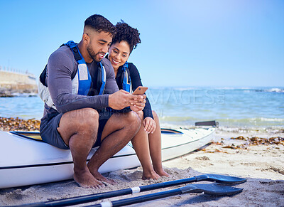 Buy stock photo Couple, phone and outdoor for kayak or travel at a beach with internet connection or chat. A man and woman with a smartphone for social media, streaming water sports video and canoe space in nature