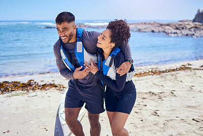 Buy stock photo Love, happy and kayak with a couple walking on the beach for travel, freedom or sports outdoor in nature. Smile, summer vacation or holiday with a man and woman by the sea or ocean for canoeing