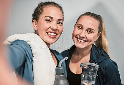 Buy stock photo Women friends, selfie and fitness with water bottle, smile and training for health, portrait and post on web blog. Girl, coach or personal trainer with memory, profile picture or teamwork for workout