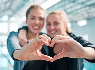 Buy stock photo Happy woman, swimming and heart hands in care, support or teamwork in sport fitness together at pool. Female person or professional swimmer with loving emoji, shape or symbol in team exercise or goal