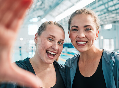 Buy stock photo Selfie, swimming pool and portrait of women athletes after exercise, workout or training. Happy, smile and headshot of young girl friends taking a picture after fitness or sports competition together