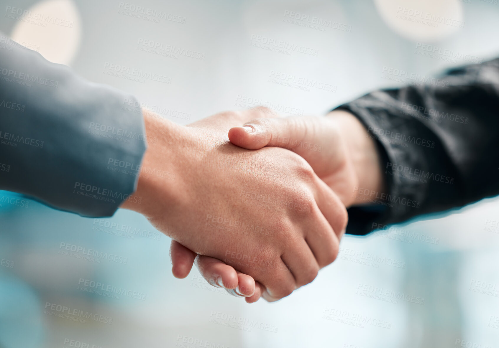 Buy stock photo Person, handshake and meeting in team sports, motivation or thank you in agreement, partnership or deal. Closeup of people shaking hands in collaboration, unity or teamwork together in community