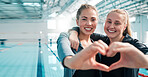 Happy woman, swimming and heart hands in support, teamwork or care in sport fitness together at pool. Female person or professional swimmer with loving emoji, shape or symbol in team exercise or goal